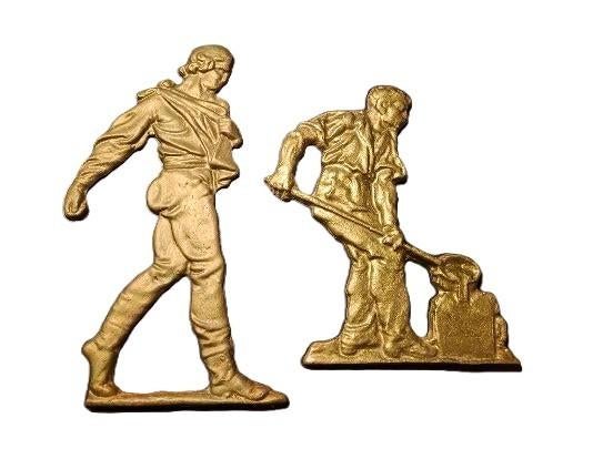 2 Fraaie goud gebronsd plaquettes Zaaier en IJzergieter, Verzenden, Gebruikt