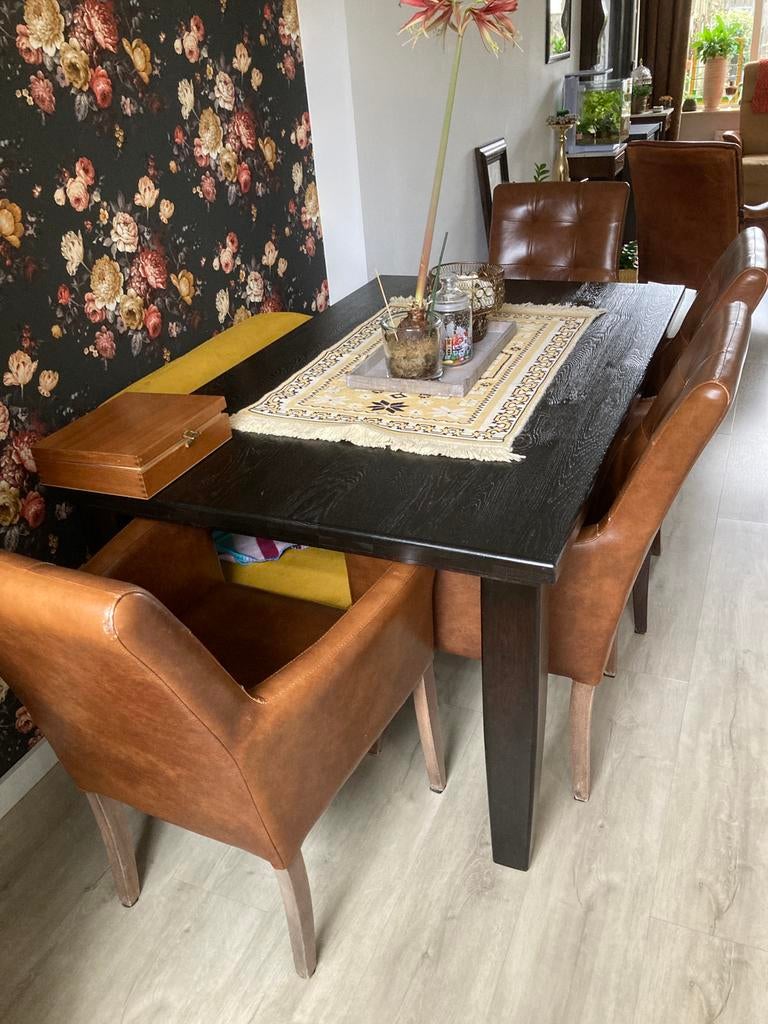 Eiken eethoek met 4 leren stoelen, Huis en Inrichting, Ophalen, Gebruikt, Leder en massief eiken, 4 tot 6 stoelen