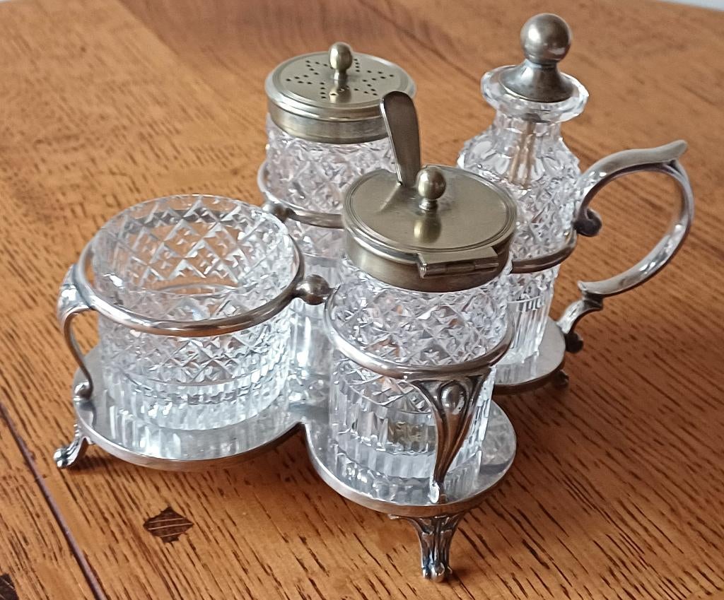 Vintage cruet set in silverplate houder, Ophalen of Verzenden