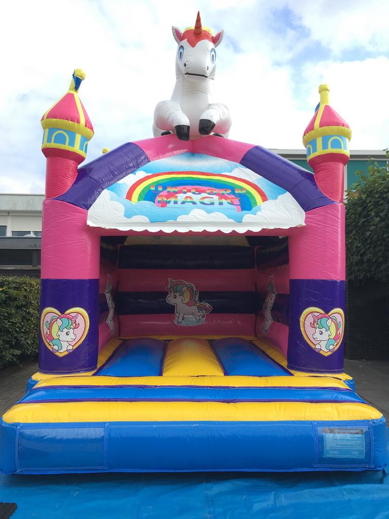 Supercool Springkussen Unicorn te huur! 3,5 x 4,5m! Met dak!, Hobby en Vrije tijd, Feestartikelen | Verhuur, Ophalen of Verzenden