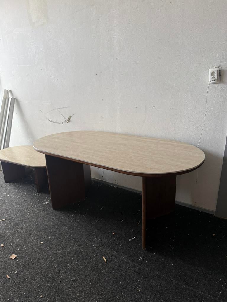 Set Japandi eettafel 180 x 80 + salontafel walnoot look, Ophalen, 50 tot 100 cm, Zo goed als nieuw, 150 tot 200 cm