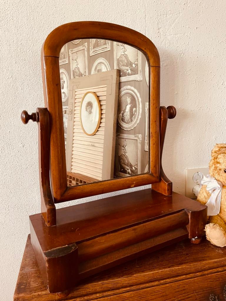 Antieke Mahonie Kantelspiegel met Lade, Ophalen of Verzenden, Rechthoekig, Minder dan 50 cm, Minder dan 100 cm