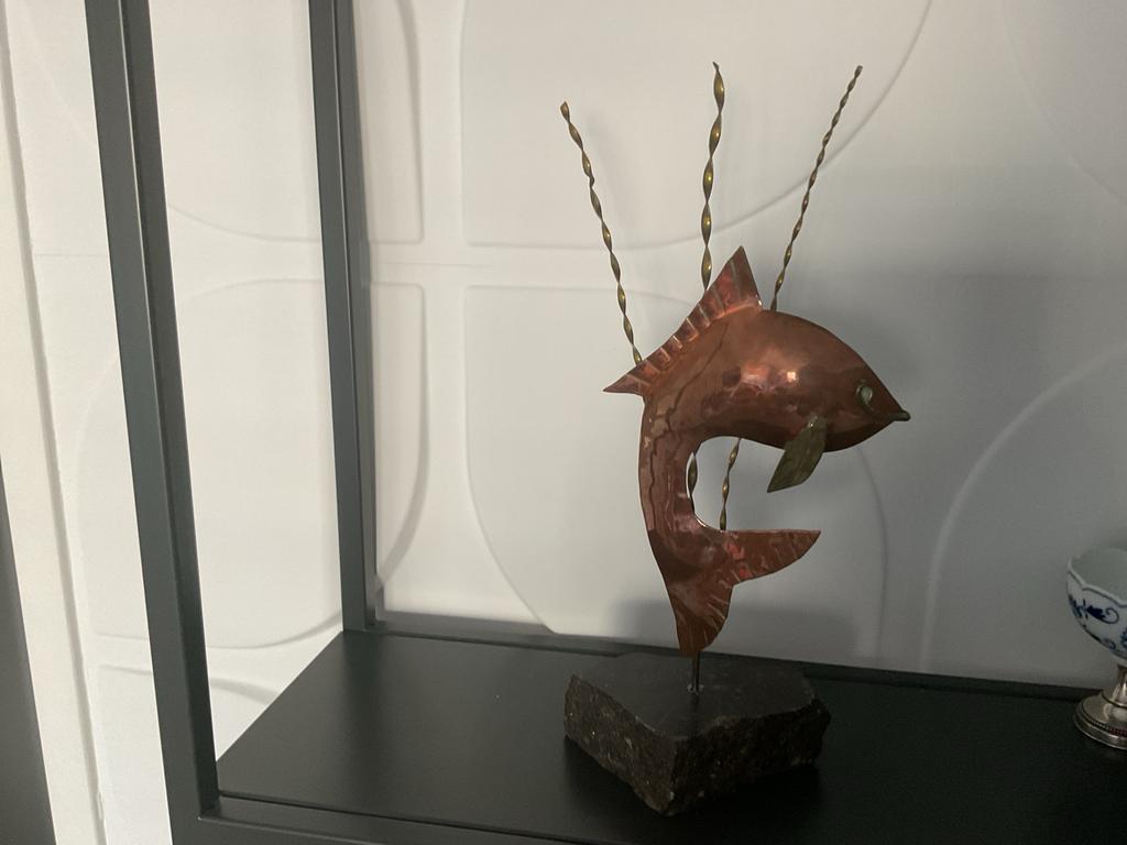Koperen Vis Sculptuur op Steen - Vintage Decoratie, Ophalen of Verzenden