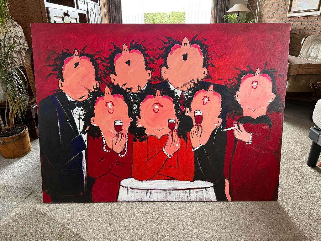 150 x 110 cm rood schilderij 3 heren 4 dames, Antiek en Kunst, Ophalen