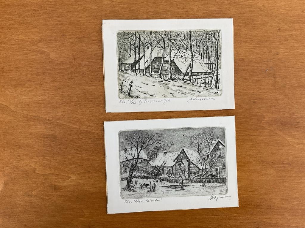 Twee etsen van Jan Wiegeraad: Winter en bij Terschuur Gelder, Antiek en Kunst, Kunst | Etsen en Gravures, Ophalen