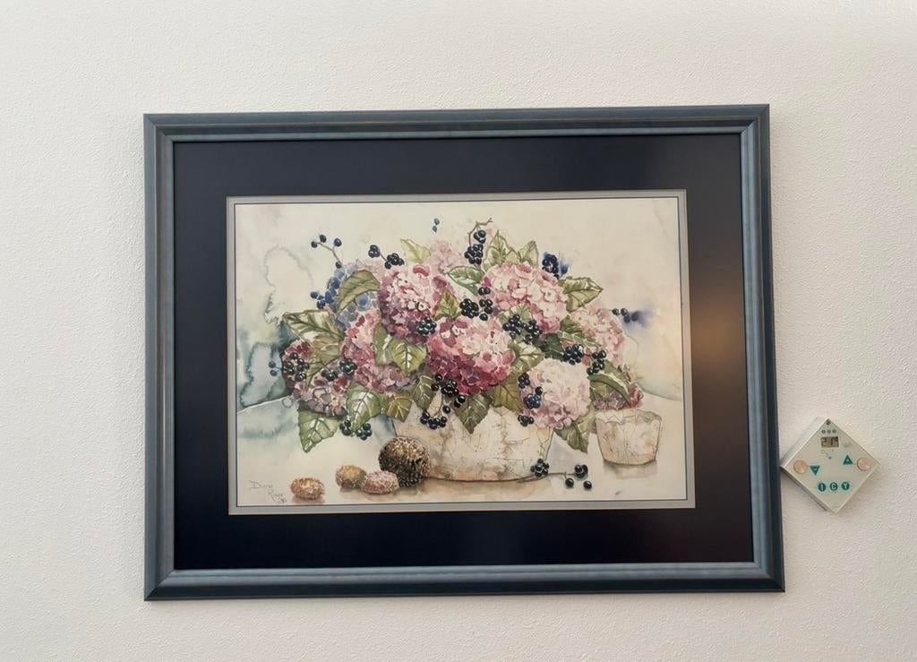 Prachtig aqaurel van Diane Roos met hortensia’s blauw, Ophalen, Zo goed als nieuw, Schilderij, 75 tot 100 cm