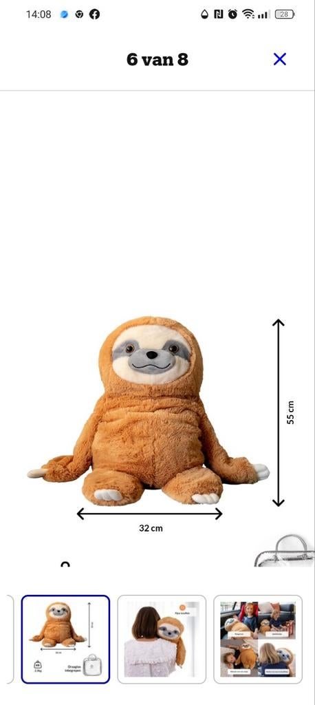 Luiaard knuffel 55 cm verzwaring, Ophalen of Verzenden, Zo goed als nieuw, Overige typen