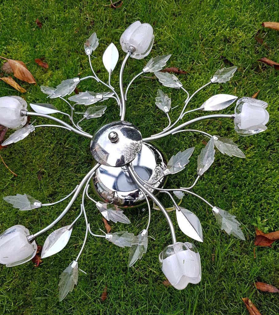 STALEN PLAFONDLAMP MET GLAZEN TULPEN, Ophalen, Zo goed als nieuw, Glas