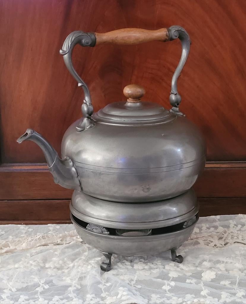 Grote Antieke Theepot met Theelicht, 90% Tin, Ophalen of Verzenden