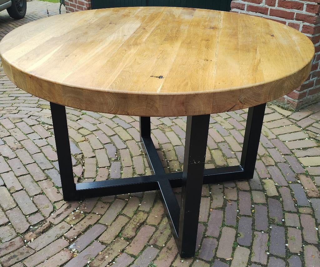 tafel rond doorsnede 130cm hoogte 75 cm eiken blad 7cm dik, Ophalen, Rond, Zo goed als nieuw, 100 tot 150 cm