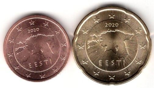 2 en 20 Eurocent Estland 2020 - UNC, Postzegels en Munten, Munten | Europa | Euromunten, Verzenden, Estland, Overige waardes, Setje