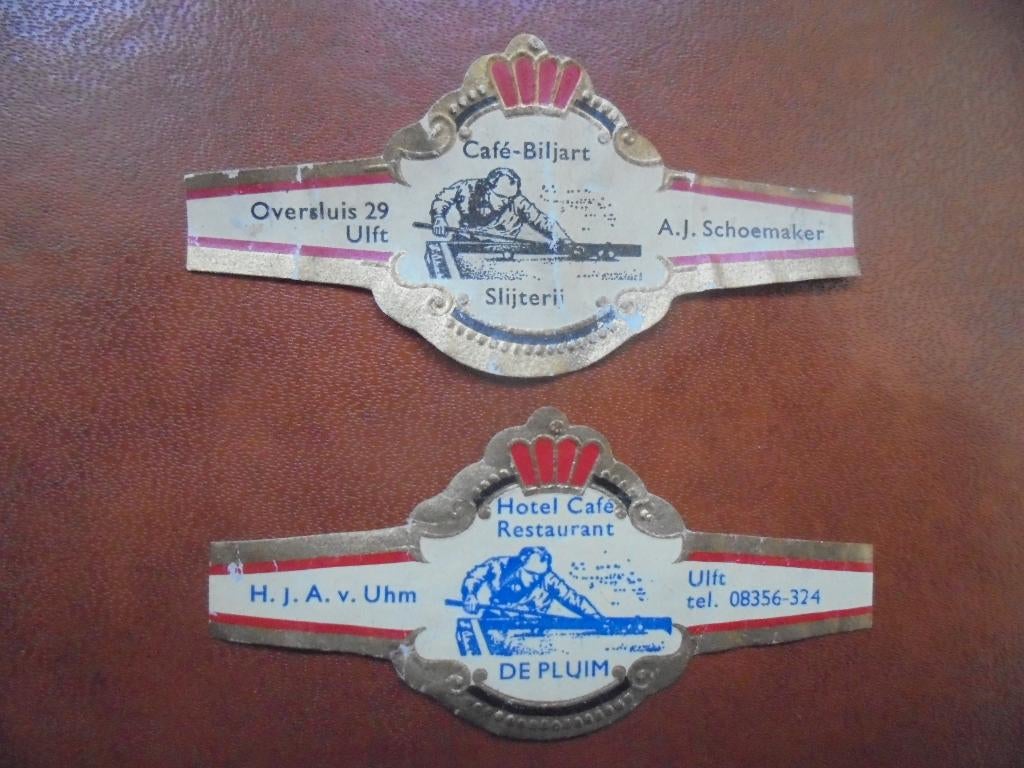 2 oude sigarenbanden met café's uit ULFT, Oude IJsselstreek, Ophalen of Verzenden, Gebruikt, Sigarenbandjes