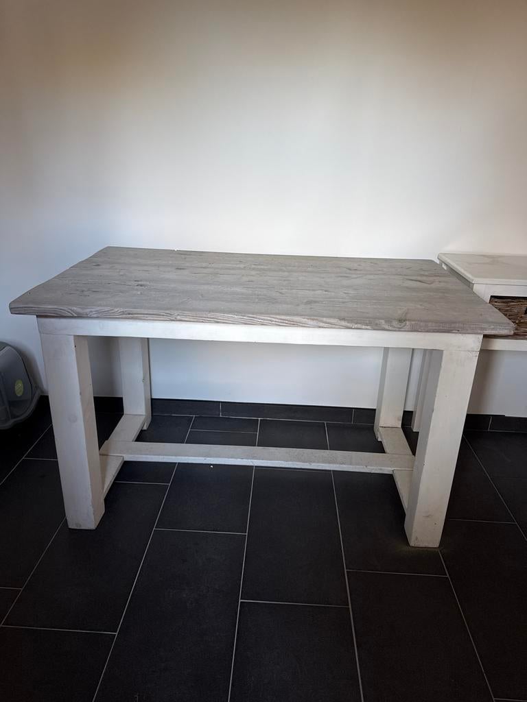 Op maat gemaakte eettafel, wit onderstel, vergrijsd blad, Huis en Inrichting, Tafels | Eettafels, Ophalen, Gebruikt, 100 tot 150 cm