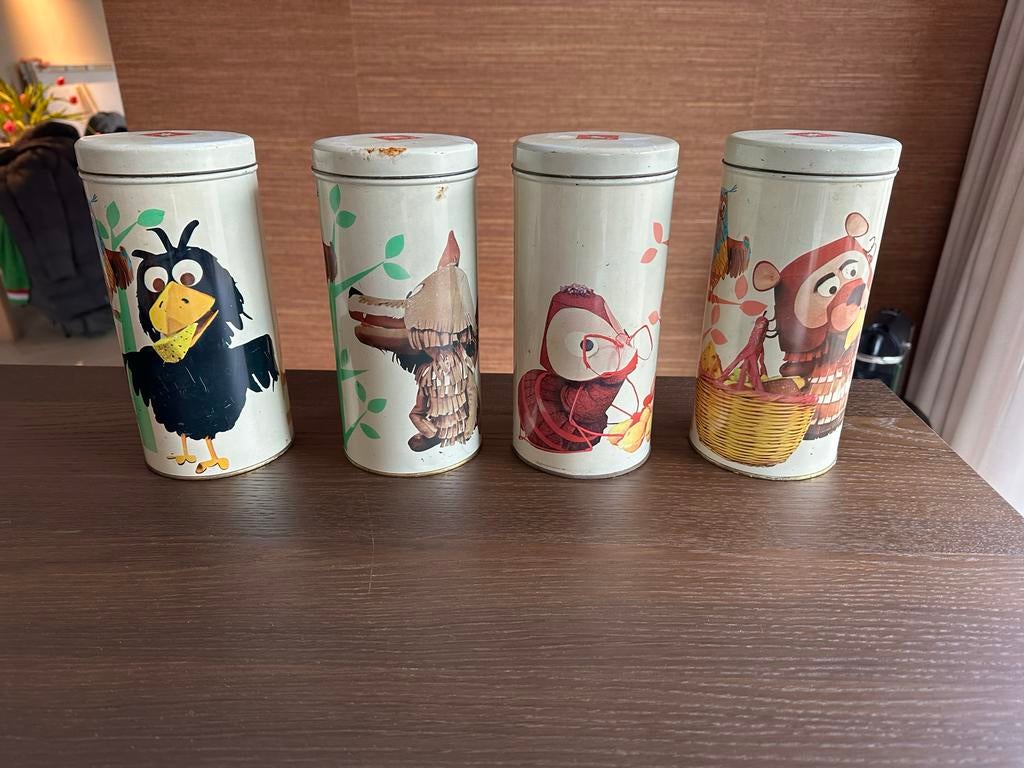 Set van 4 vintage Fabeltjeskrant beschuitbussen, Verzamelen, Blikken, Ophalen, Gebruikt, Beschuit, Overige merken
