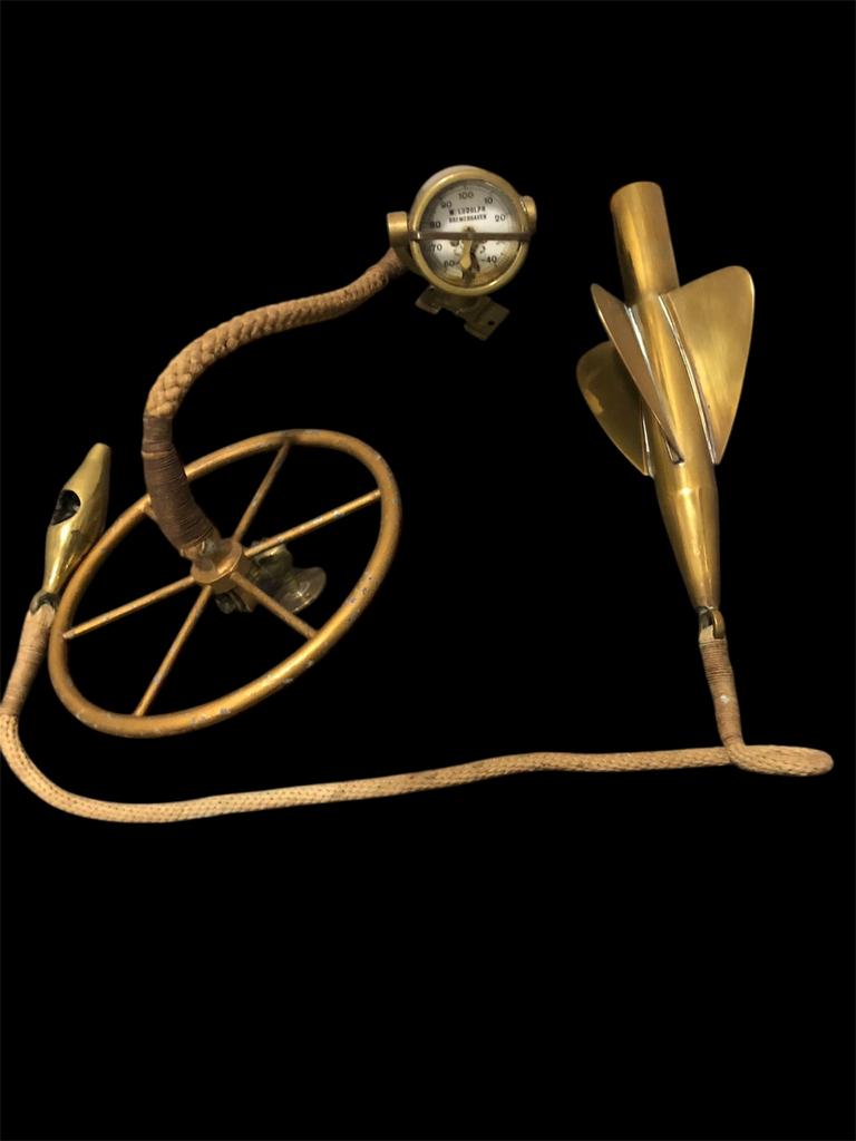 Antiek messing scheepslog compleet met spinner en vliegwiel, Ophalen