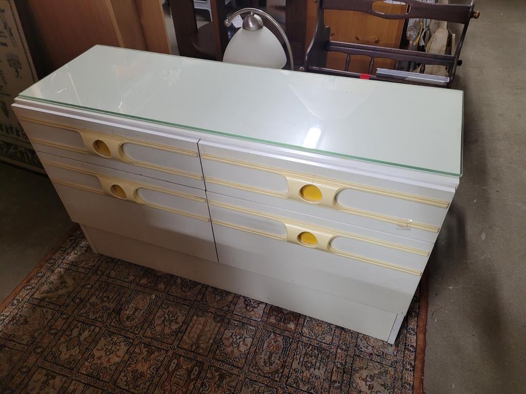 Vintage ladekastje met glasplaat, Ophalen, Gebruikt, 50 tot 100 cm, Minder dan 100 cm