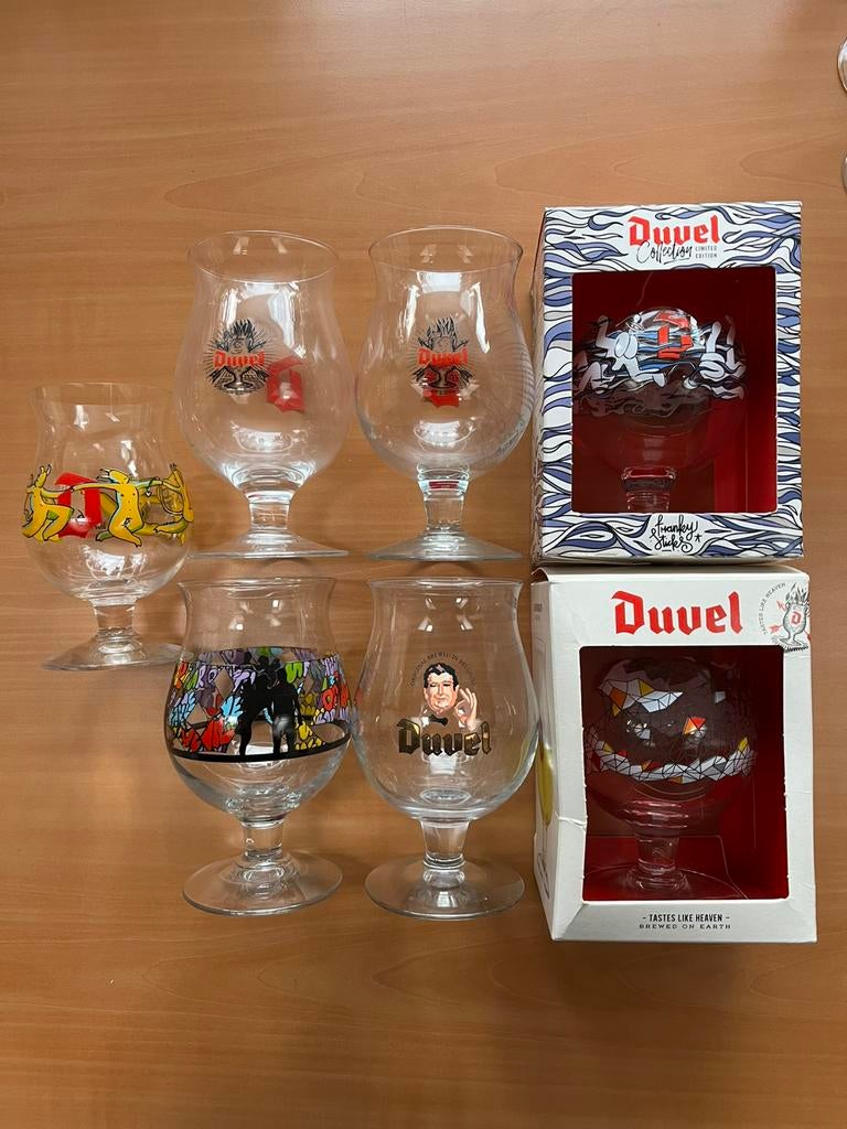 Verzameling 7x Duvel Bierglazen Bierglas Bier Glazen Glas, Ophalen of Verzenden, Zo goed als nieuw, Bierglas