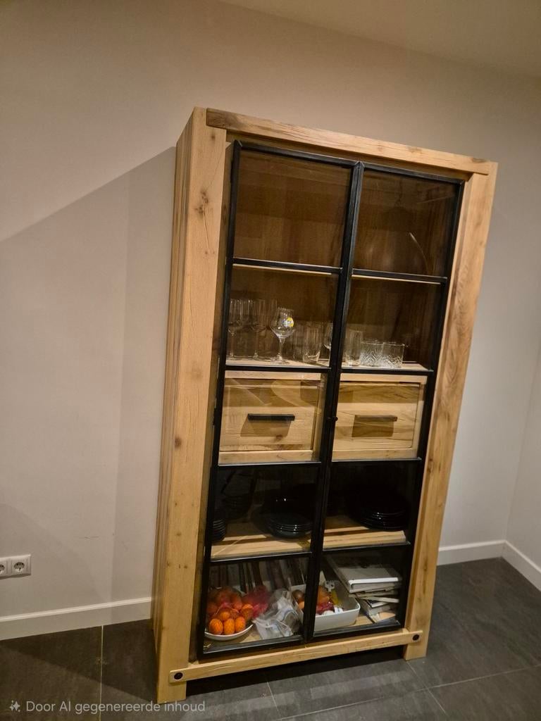 Henders & Hazel Kast Massief Hout, Zwart Metaal, Glas, Ophalen, 100 tot 150 cm, 200 cm of meer, Zo goed als nieuw