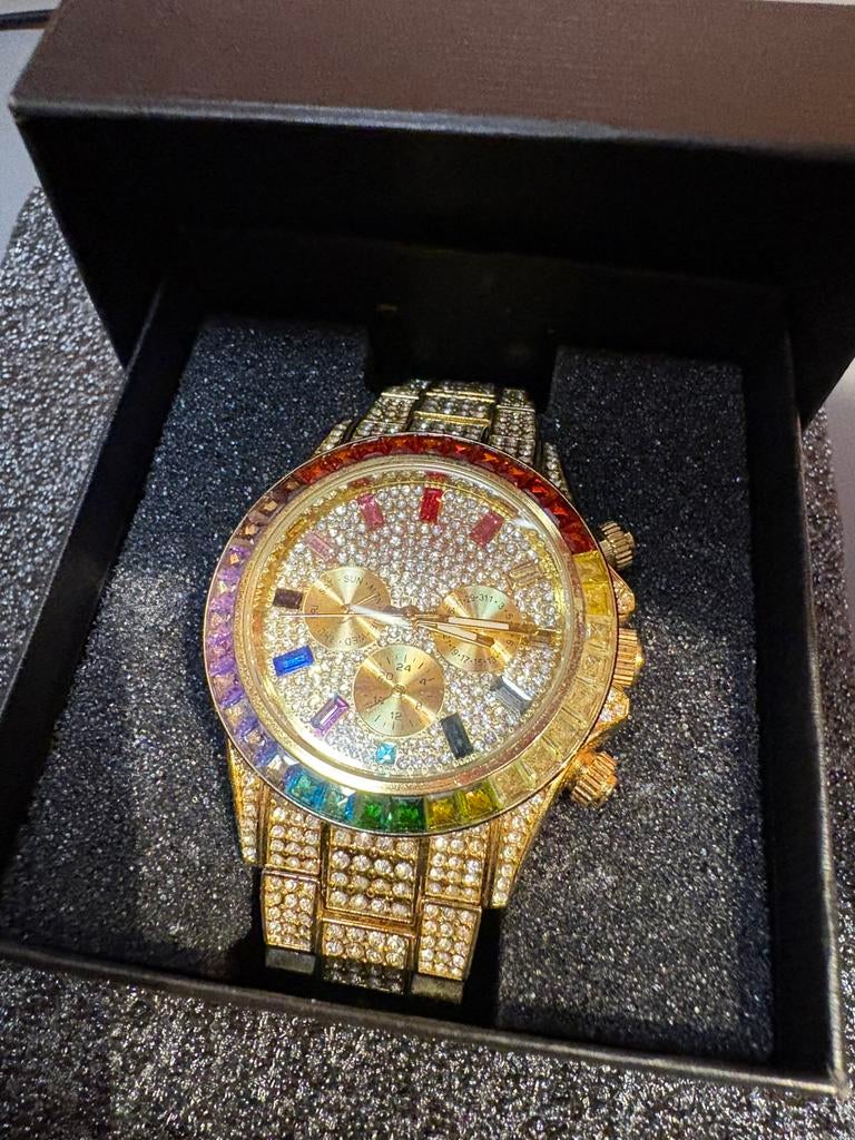 Luxe Goudkleurig Bling Horloge met Rainbow Bezel, china,tijd, Ophalen of Verzenden, Zo goed als nieuw