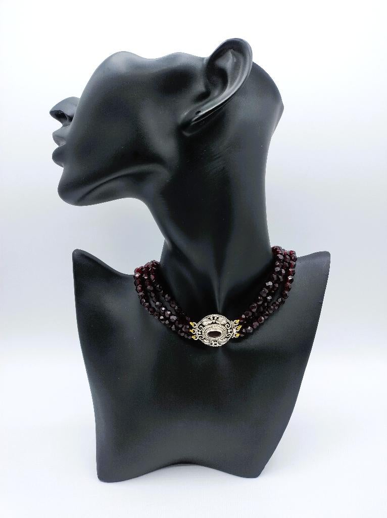 Glasgranaten ketting met zilveren slot, 33 cm., Sieraden, Tassen en Uiterlijk, Info@zilverwebsite.nl, Met edelsteen, Ophalen of Verzenden