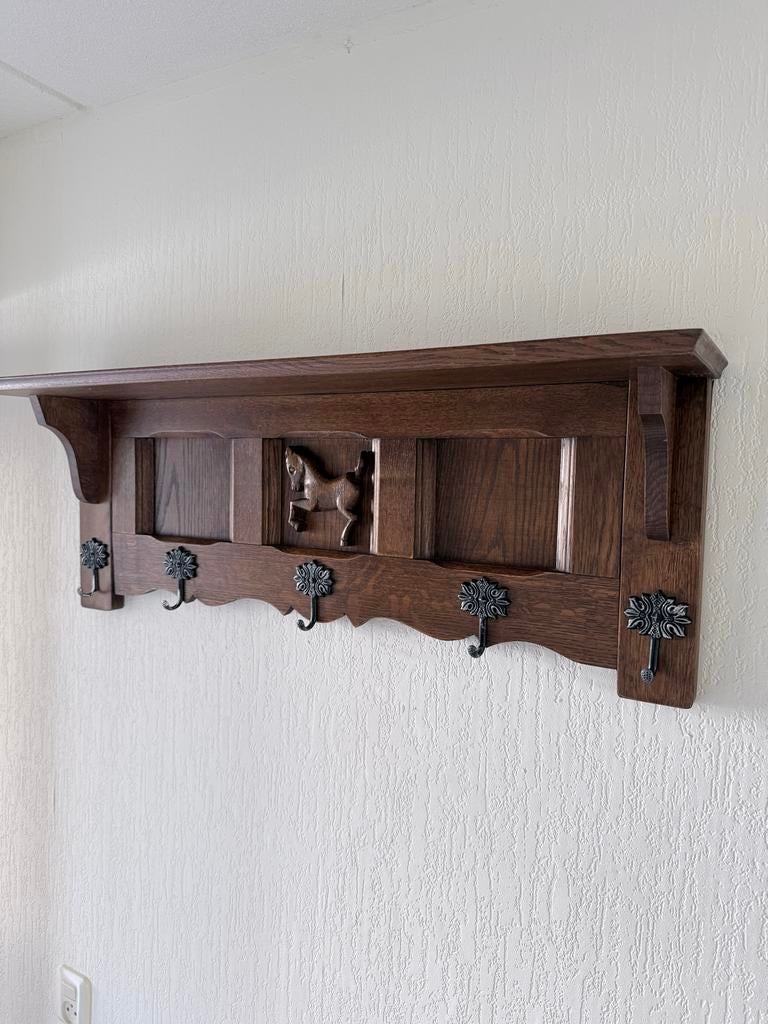 Houten wandkapstok met 5 haken en paard detail, Gebruikt, Minder dan 100 cm, Hout, Ophalen