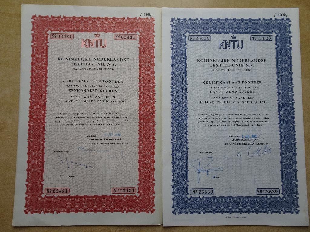 2 verschillende Koninklijke Nederlandsche Textiel Unie., Postzegels en Munten, Aandelen en Waardepapieren, Ophalen of Verzenden