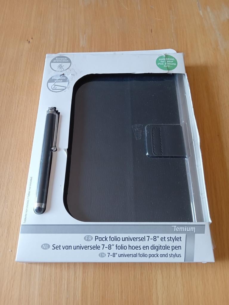 Temium universele 7"-8" folio hoes stylus pen zwart NIEUW, Temium, 8 inch, Nieuw, Bescherming voor- en achterkant