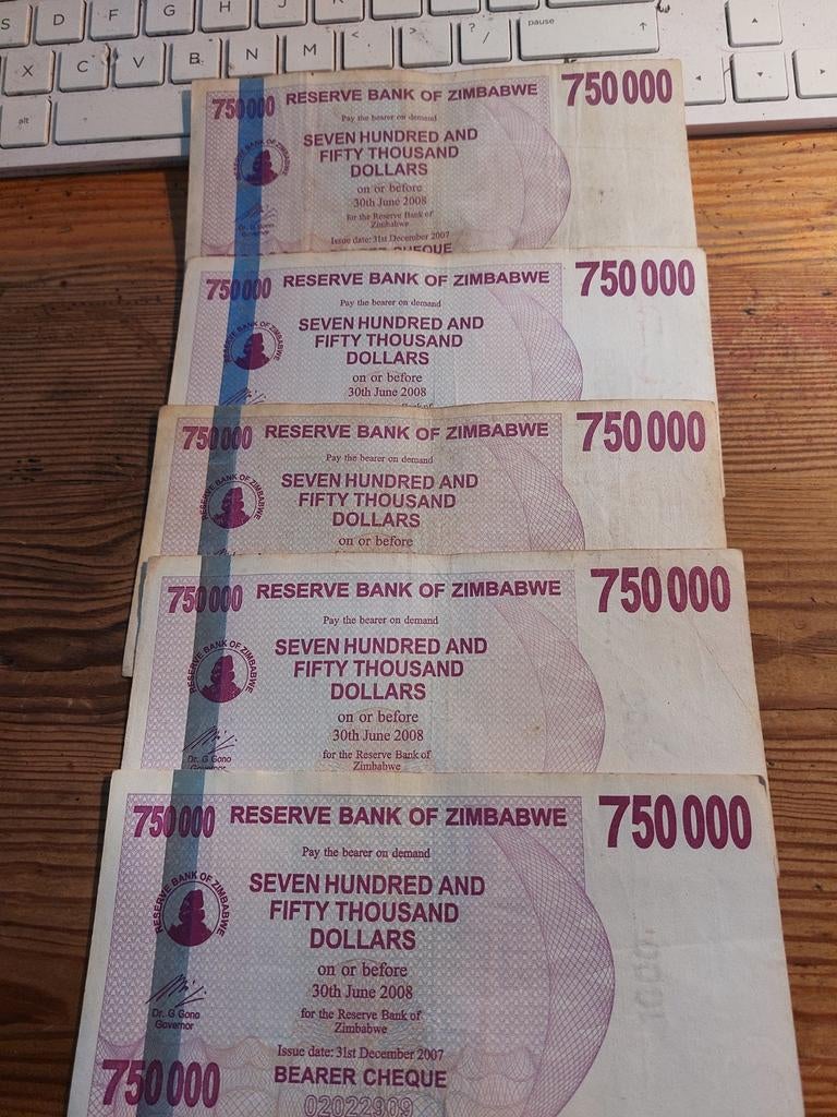 5x Zimbabwe 750.000 Dollars biljetten (2008), Ophalen of Verzenden, Zuid-Azië, Setje