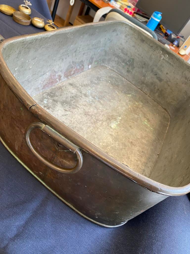 Antieke koperen bak/plantenbak (7kg) met handvatten, Ophalen