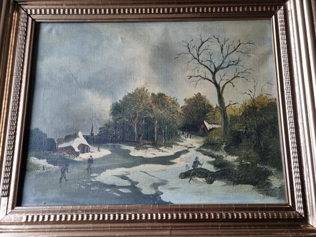 Oud gesigneerd schilderij, winterlandschap met schaatsers, Ophalen of Verzenden