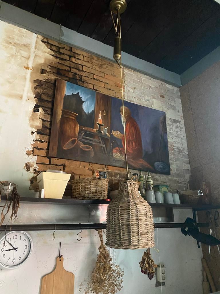 Rotan hanglamp met messing armatuur, Ophalen of Verzenden, Gebruikt, Hout, 50 tot 75 cm