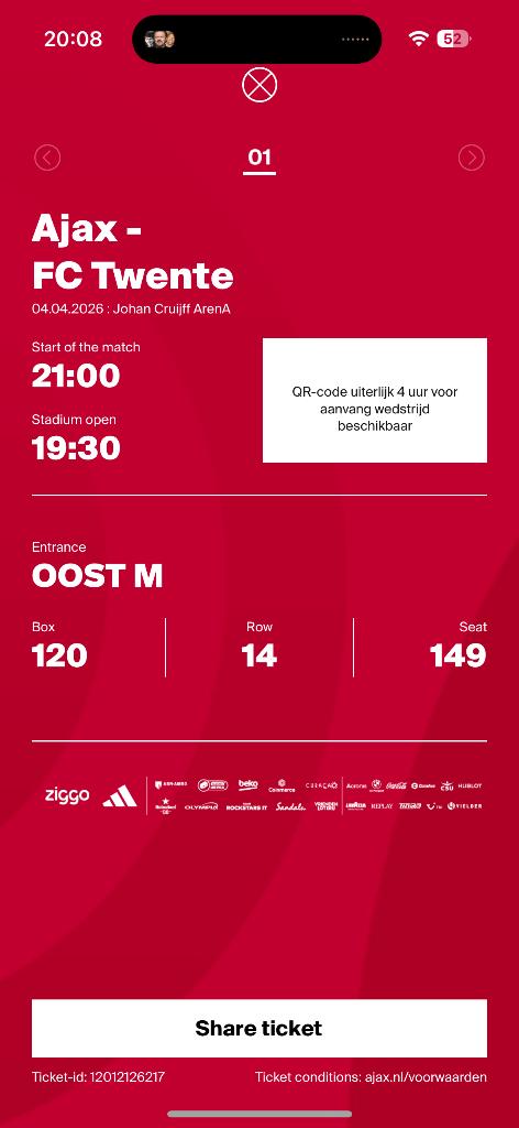 Ajax vs Twente tickets, Tickets en Kaartjes, Twee personen, April