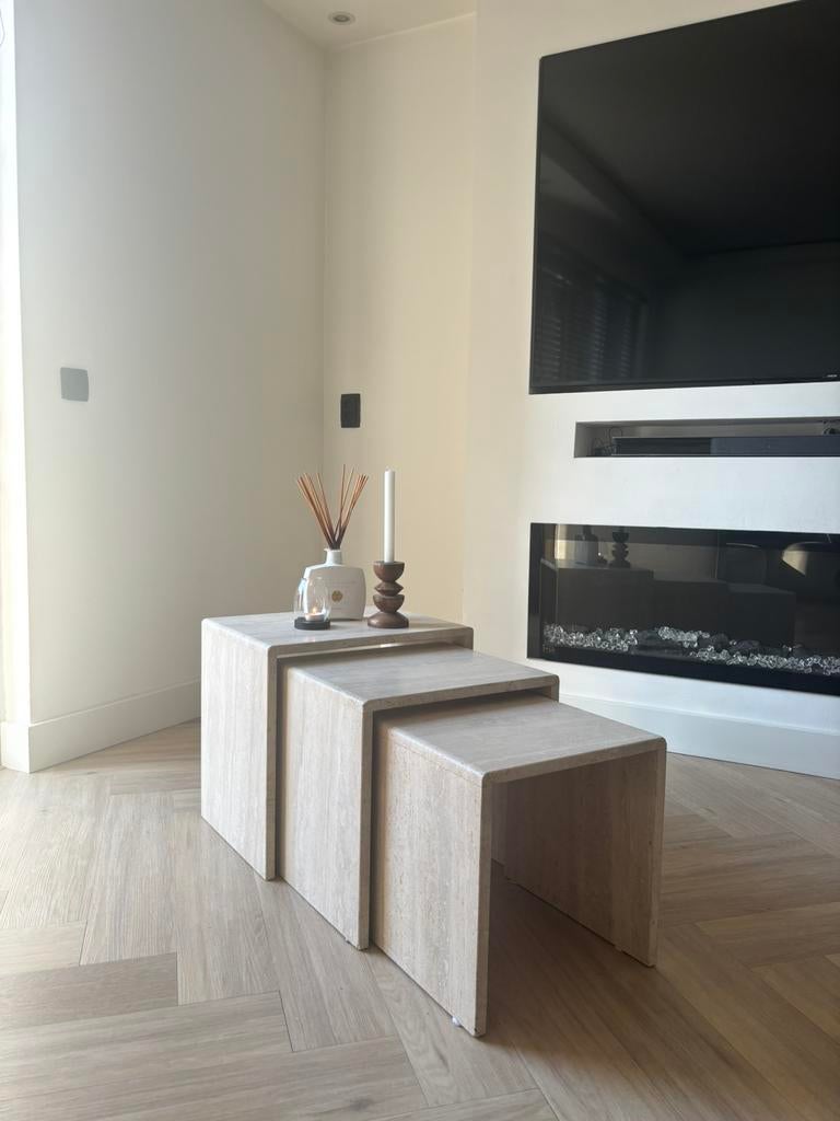 Travertin salontafel set, Huis en Inrichting, Tafels | Salontafels, Overige materialen, 50 tot 100 cm, Travertin japandi vintage marmeren natuursteen