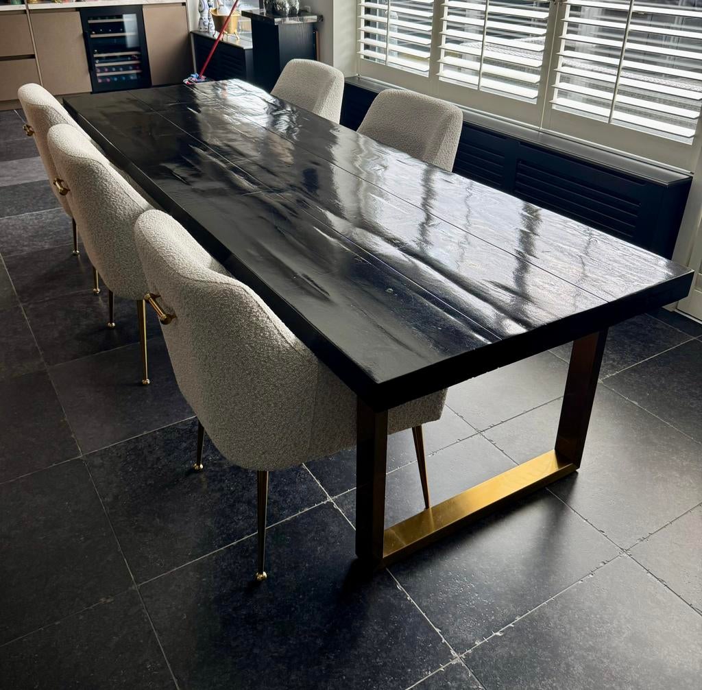 EETTAFEL ZWART/GLANS MET GOUDEN ONDERSTEL, Huis en Inrichting, Ophalen, 200 cm of meer, 50 tot 100 cm, Vijf personen of meer