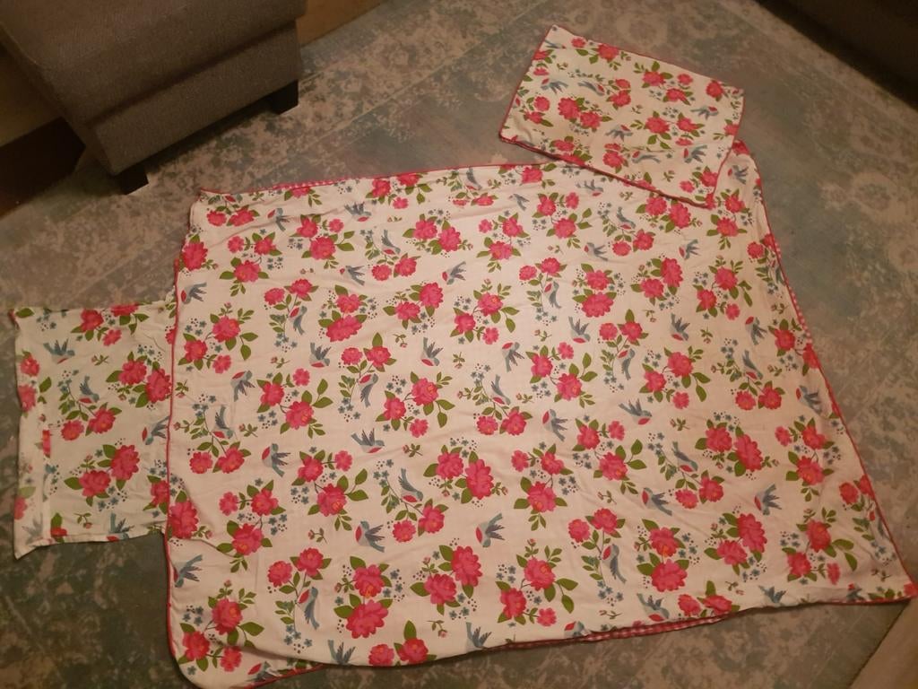 Dekbedovertrek met bloemen en vogels, roze geruit 💫, Huis en Inrichting, Slaapkamer | Beddengoed, Zo goed als nieuw, Dekbedovertrek