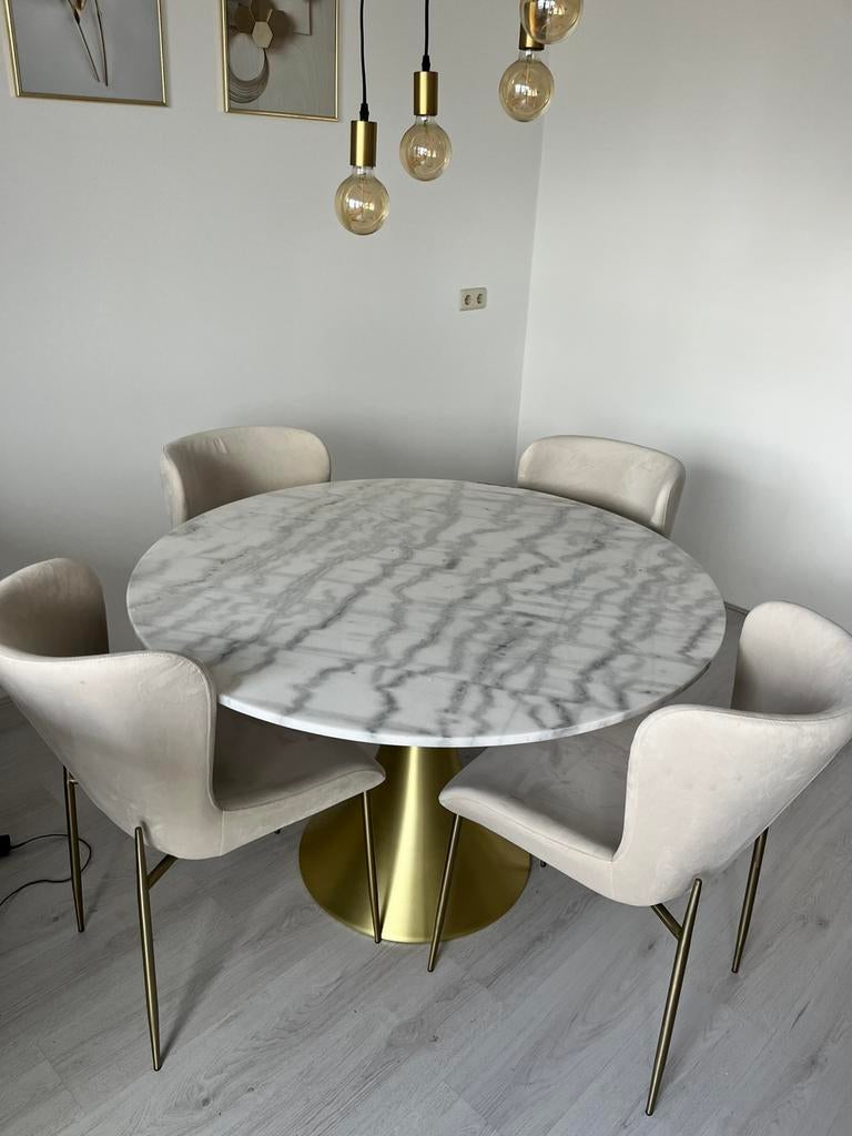 Tafel met marmeren blad en trompetvoet., Ophalen, Zo goed als nieuw, Rechthoekig, 50 tot 100 cm