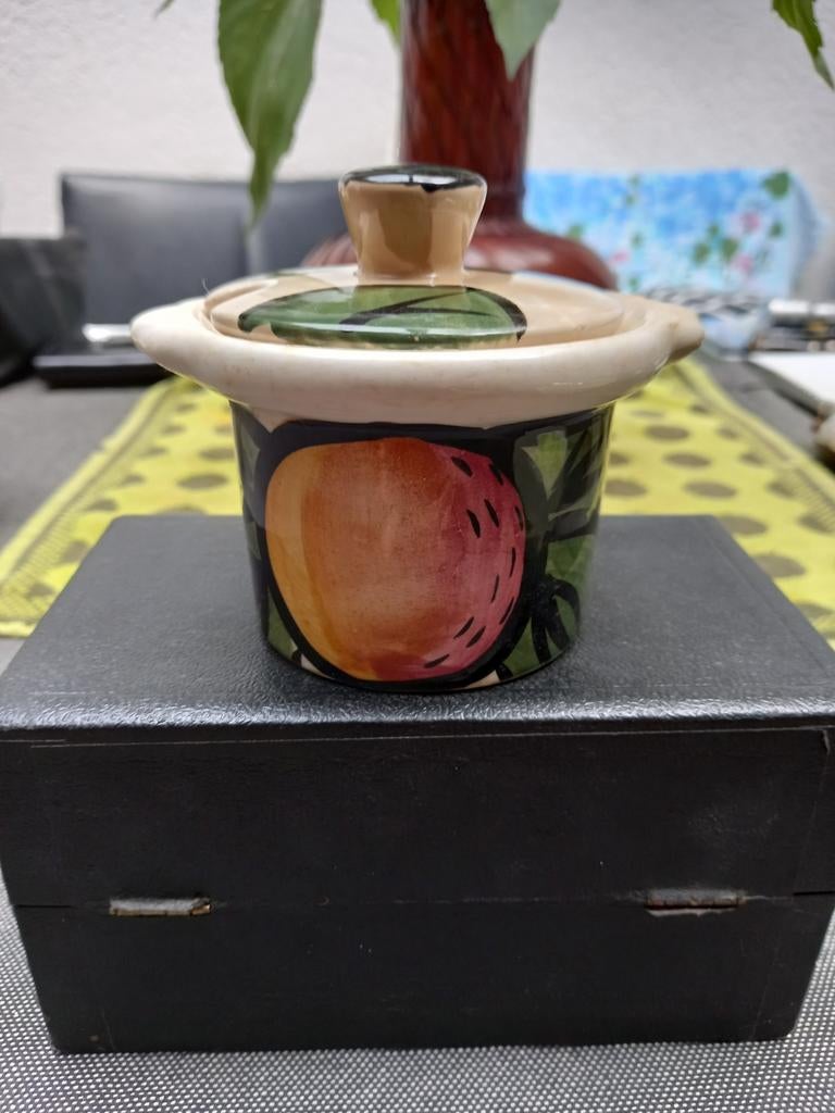 Vintage jaren '60 aardewerk jam- of suikerpotje., Ophalen of Verzenden, Natuurlijk materiaal, Meerkleurig, Overige merken