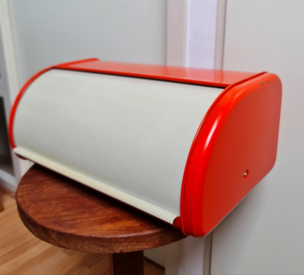Prachtige vintage retro broodtrommel jaren 70 oranje crème, Verzamelen, Retro, Ophalen, Huis en Inrichting