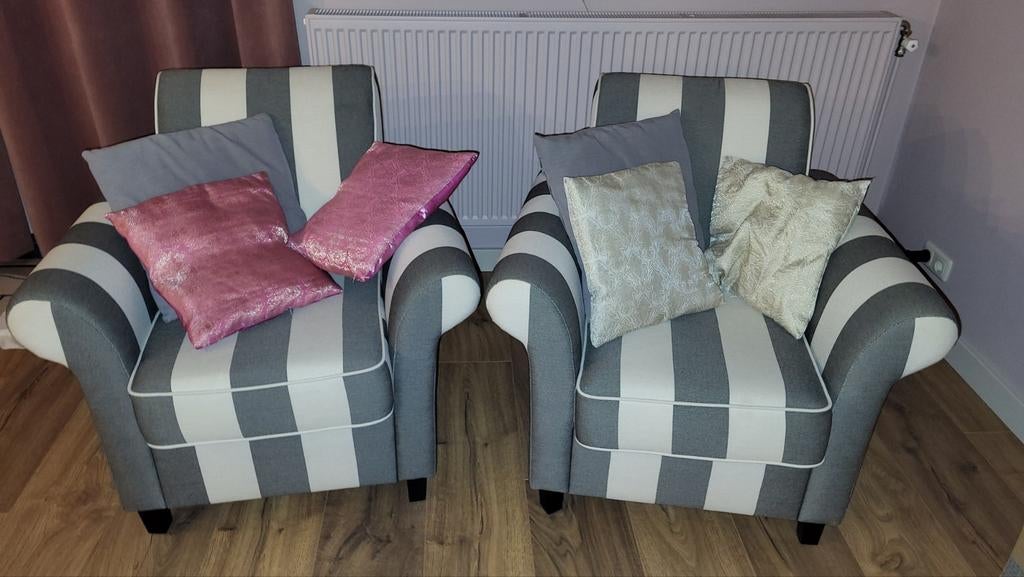 Twee gestreepte landelijk fauteuils, Huis en Inrichting, Ophalen, Minder dan 75 cm, 75 tot 100 cm, Stof