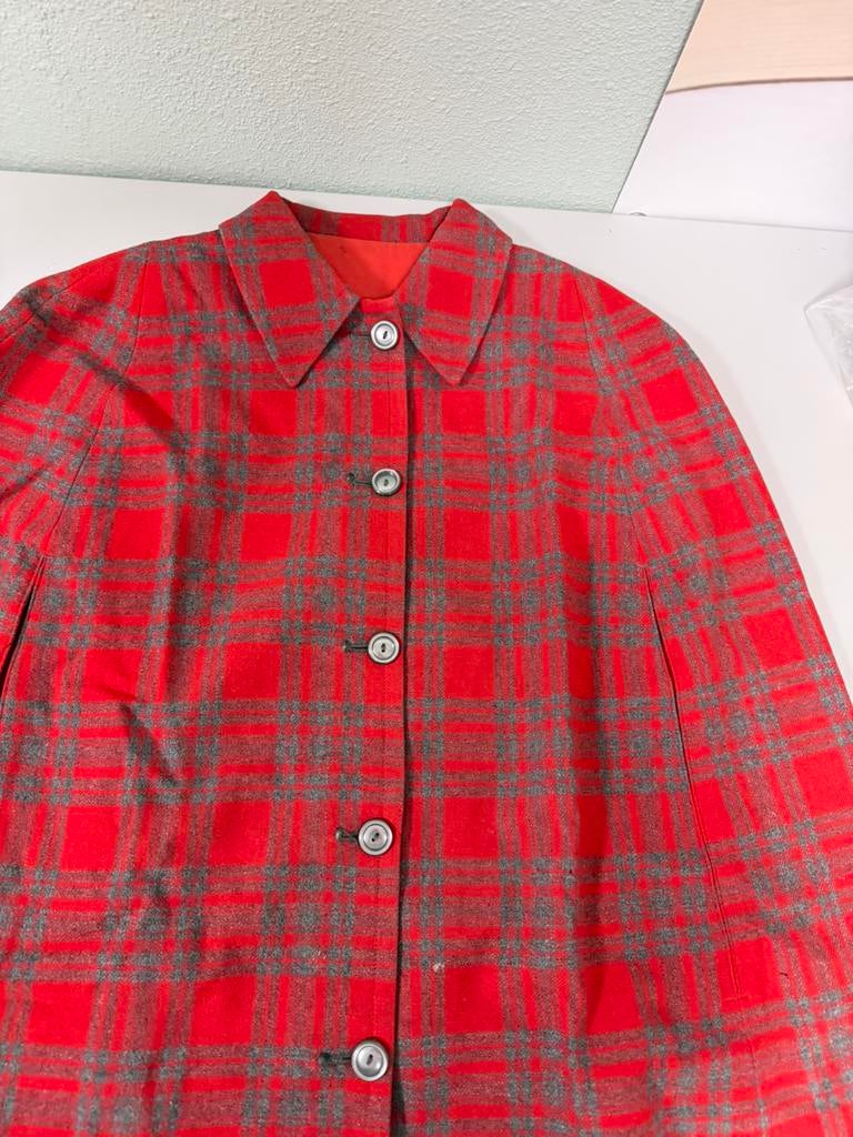 Vintage rode wollen mantel jas cape poncho met ruit L 100cm, Ophalen of Verzenden, Zo goed als nieuw, H, H