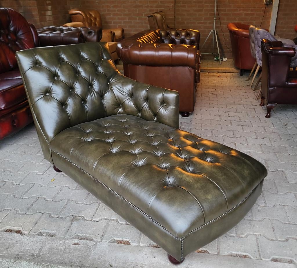 Chesterfield chaise lounge olive green, groen leer, Ophalen, Eenpersoons, Chesterfield, Leer