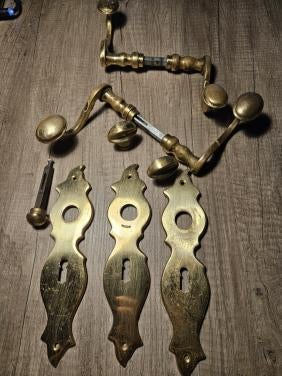 Antieke messing deurbeslagen deurklinken en schilden..., Antiek en Kunst, Ophalen of Verzenden, Koper