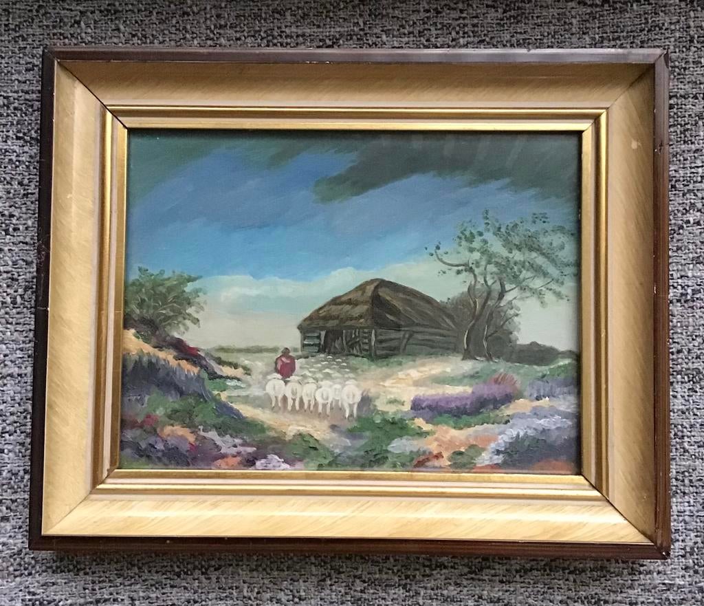 Schaapsherder met schapen  33x29 cm, Ophalen of Verzenden