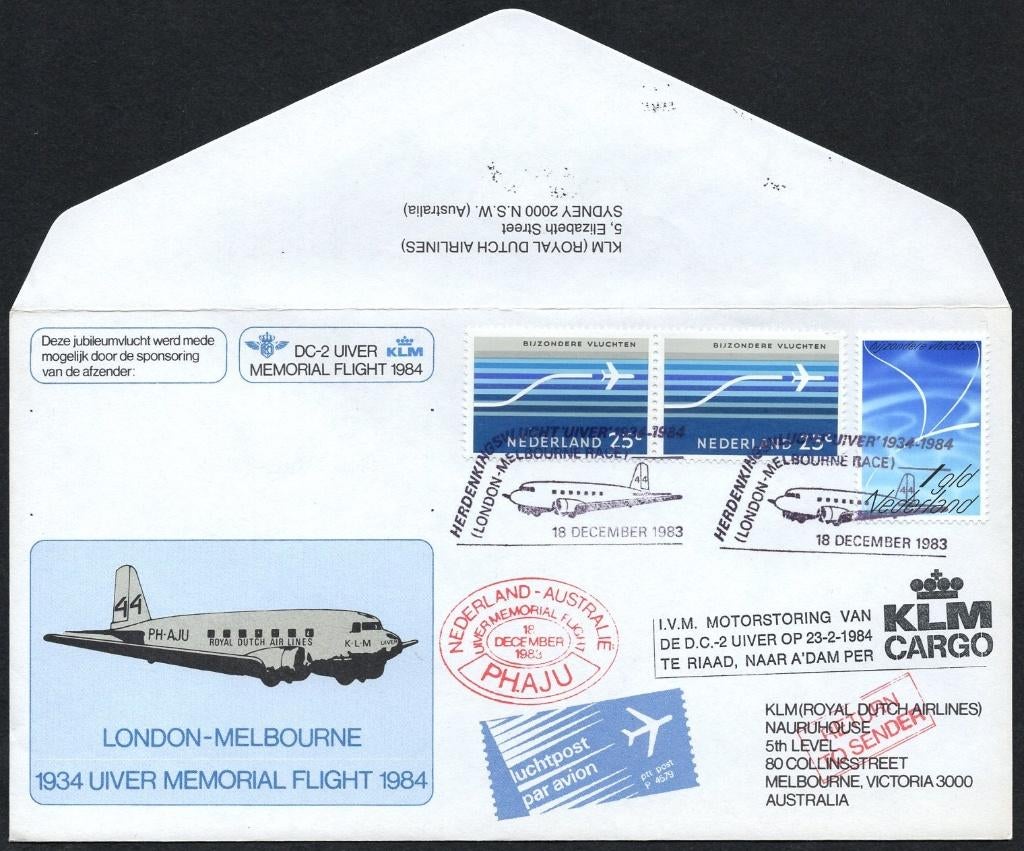 Uiver memorial flight 1934-1984 - London-Melbourne, Verzenden, Envelop