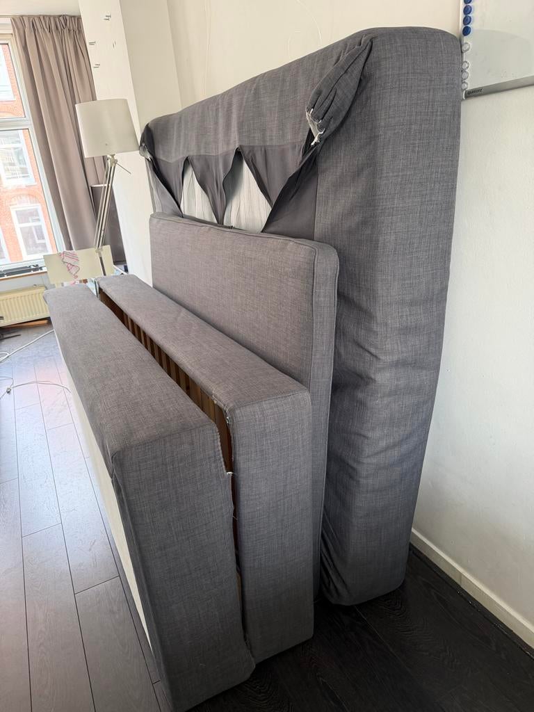 Ikea Dunvik boxspring met topper - Grijs, Ophalen, Gebruikt, Tweepersoons, 140 cm