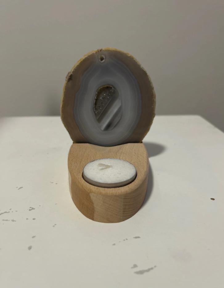 Kaarsenhouder met agaat schijf, Huis en Inrichting, Gebruikt, Bruin, Ophalen of Verzenden, Hout