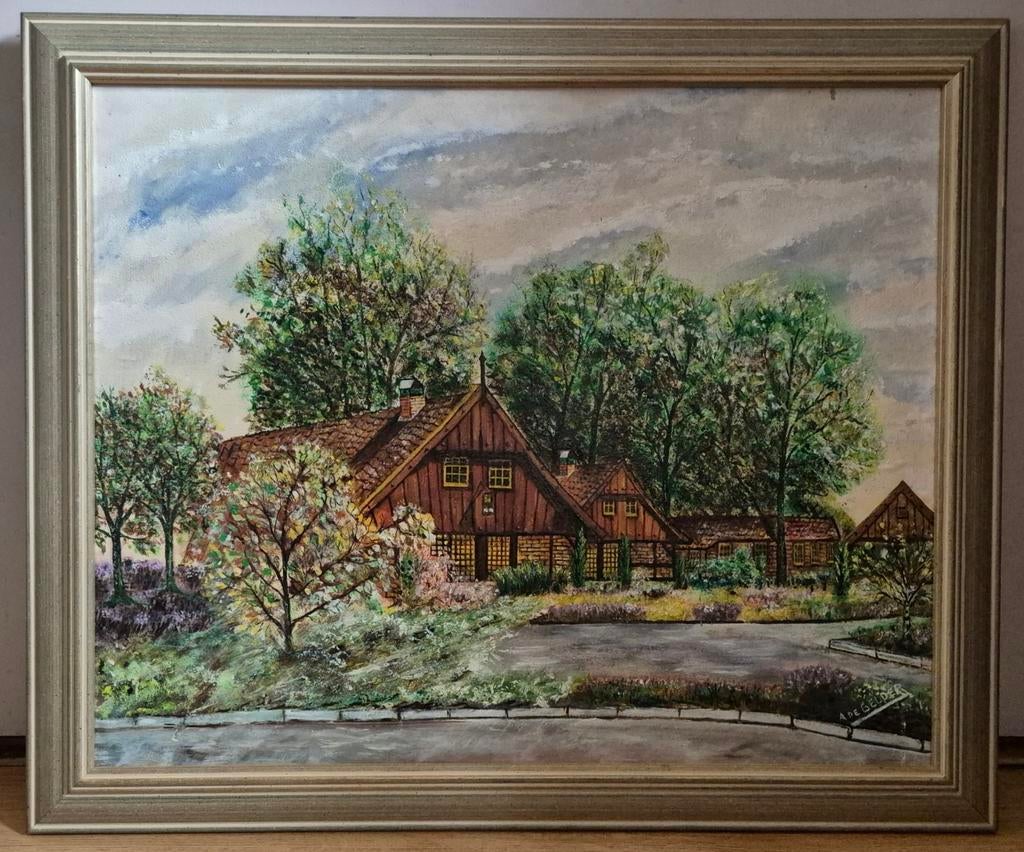 Landelijk Landschap met Boerderij, Olieverf op Paneel, Antiek en Kunst, Ophalen of Verzenden