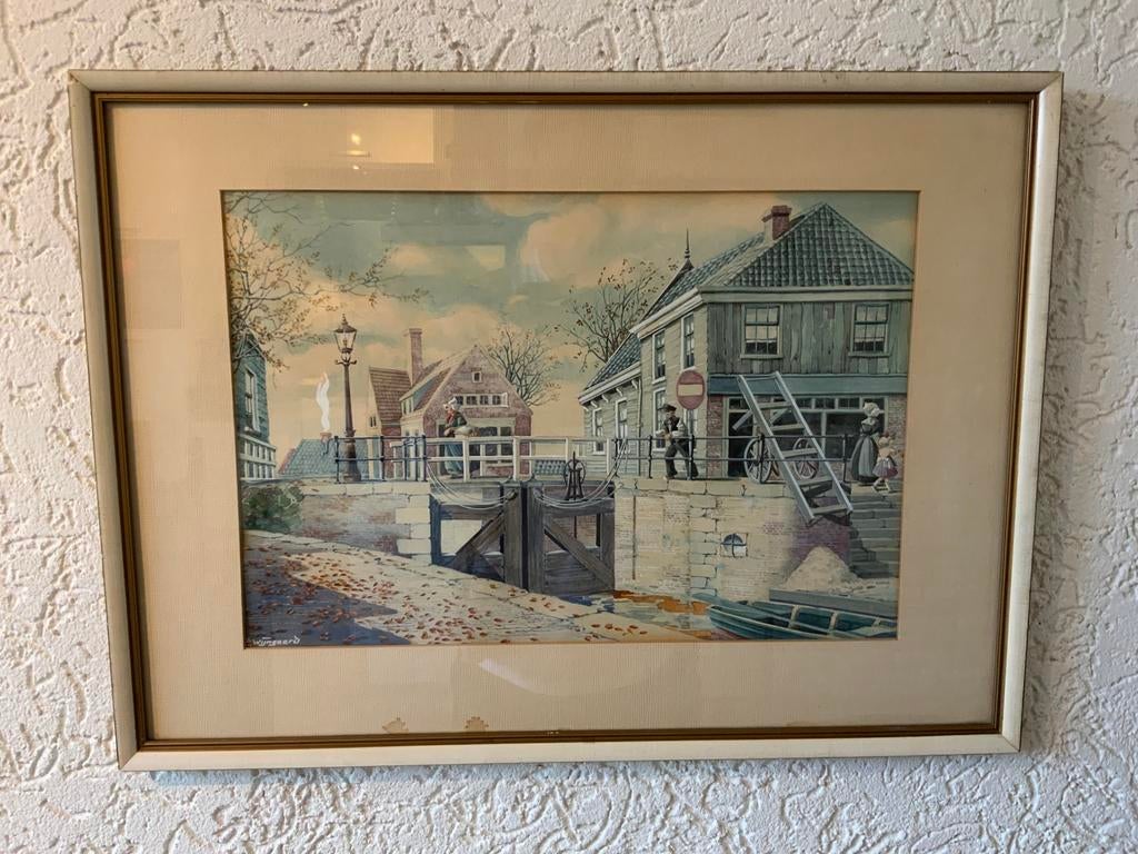 Aquarel Hollands Stadje Klederdracht Dorpsgezicht Wijngaard, Ophalen of Verzenden