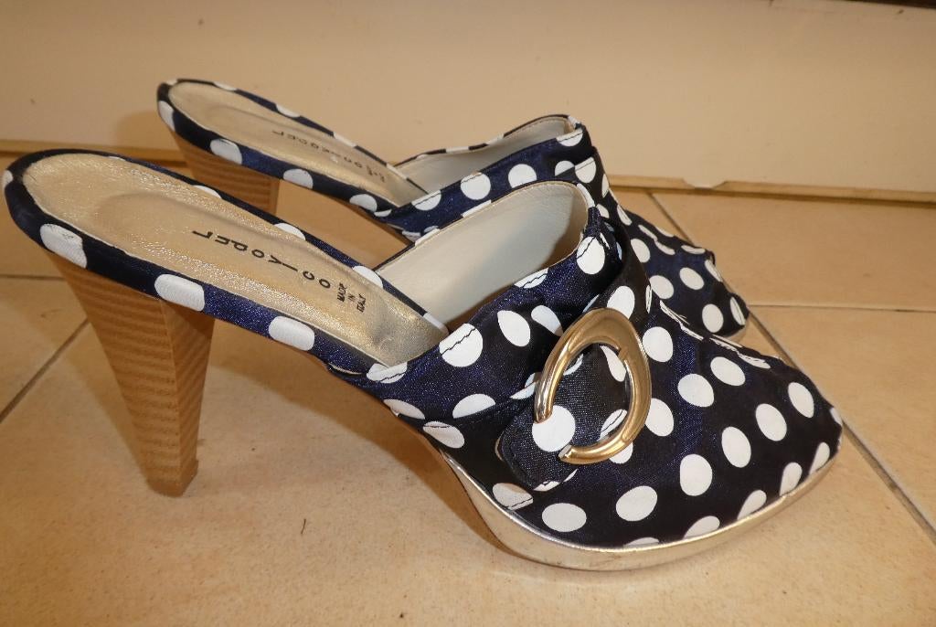 Ludovico muilen maat 40 peeptoe retro blauw wit polkadots, Sandalen of Muiltjes, Zo goed als nieuw, Ludovico, Verzenden