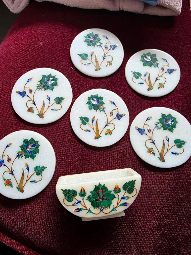 Marmeren Onderzetters met Parelmoer Inleg in Houder, Huis en Inrichting, Woonaccessoires | Onderzetters, Gebruikt, Glas of Kopje